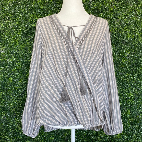 NWOT Charcoal Stripe Peasant Top with Tassel Ties - Picture 1 of 4